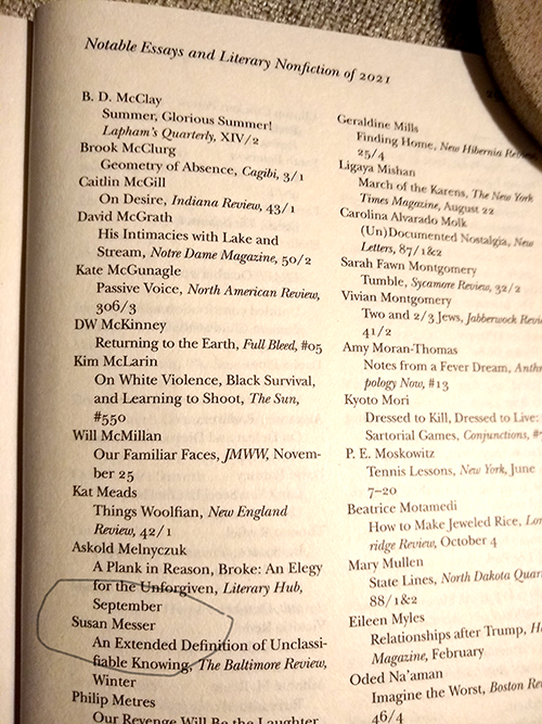 List of notable essays from the book including Susan Messer's